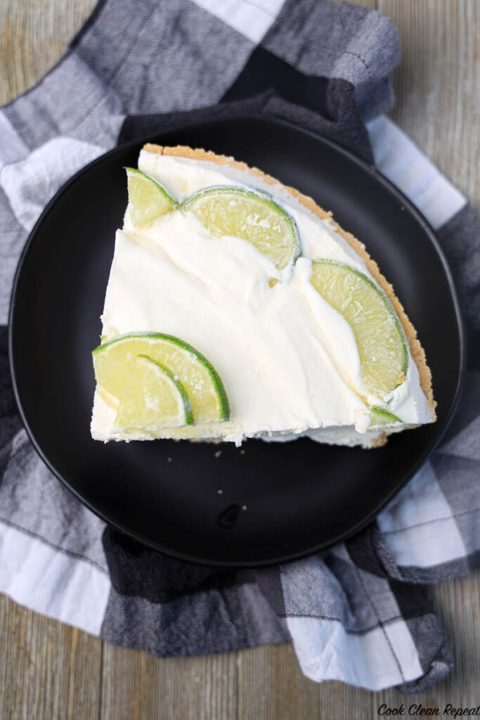 top down look at finished key lime ice cream pie sliced and ready to eat