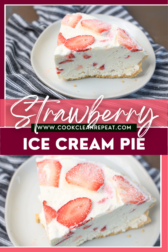 pin showing the finished strawberry cheesecake ice cream pie