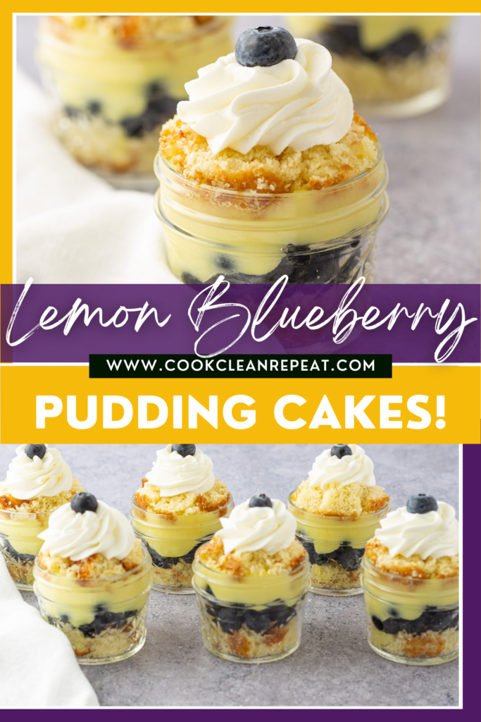 Blueberry lemon pudding cake in a jar pin showing finished cakes