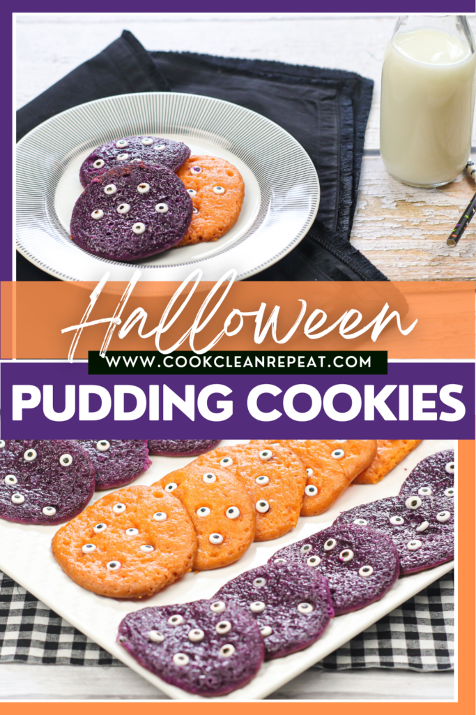 pin showing the finished halloween pudding cookies ready to eat