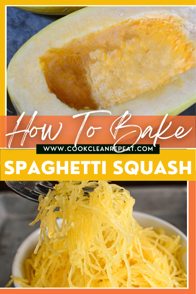 pin showing the finished recipe for how to bake spaghetti squash ready to serve with title across the middle.