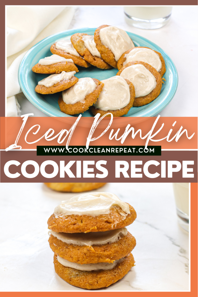 Pin showing the finished iced pumpkin cookies ready to eat with title across the middle.