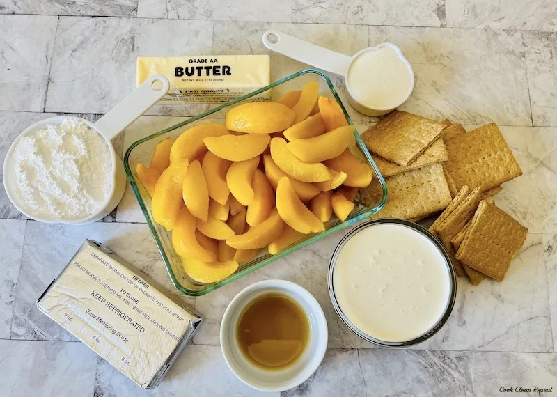 ingredients needed to make no bake peach cheesecake. 