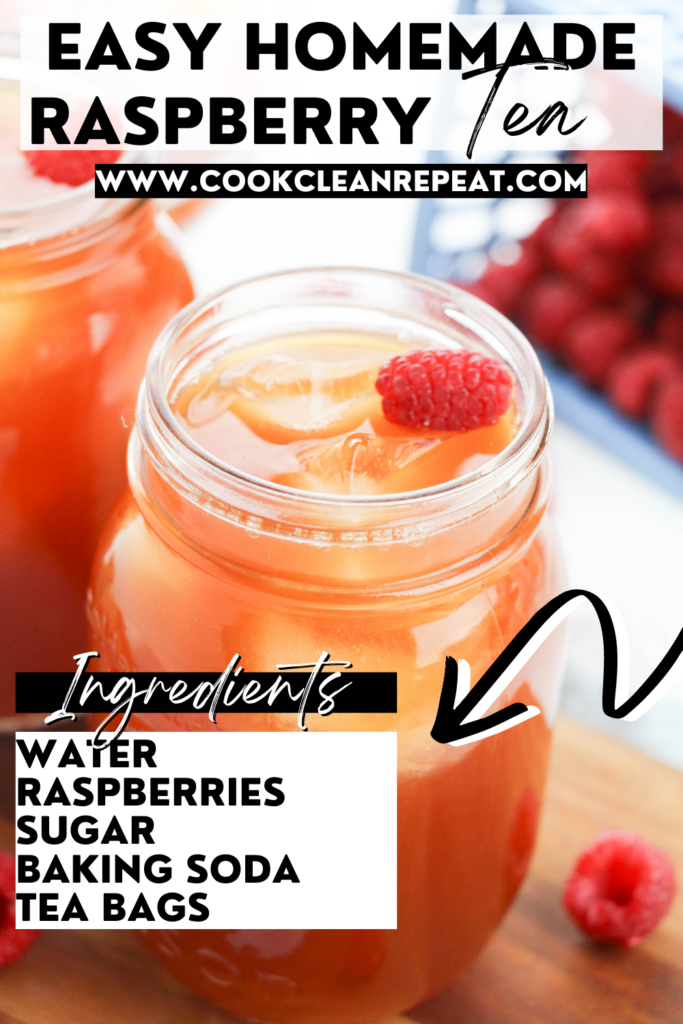 pin showing the ingredients list as well as photo of the finished raspberry sweet tea
