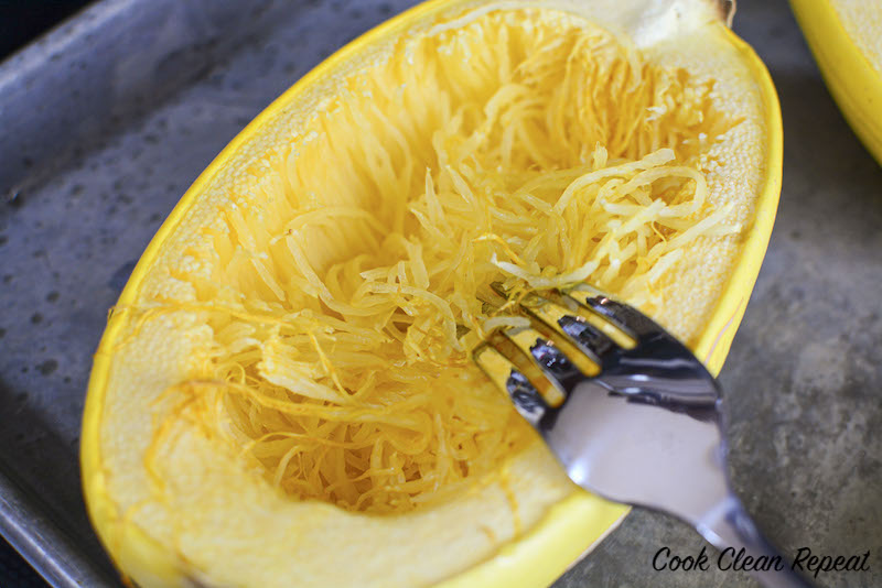another look at the flesh of the spaghetti squash being shredded. 