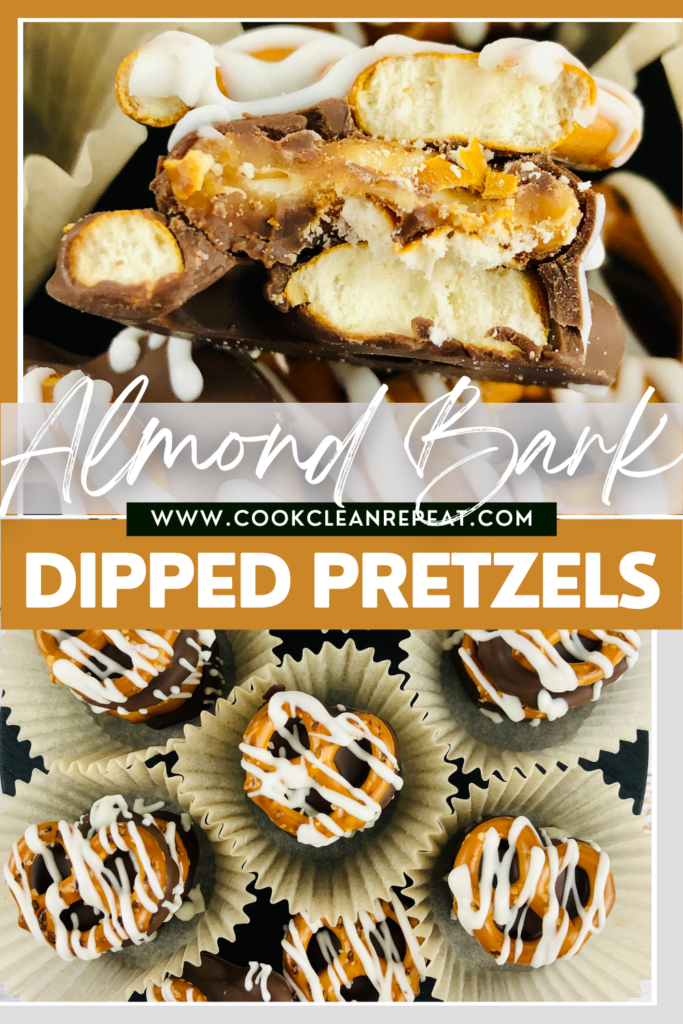 Pin showing the almond bark dipped pretzels ready to eat title across the middle