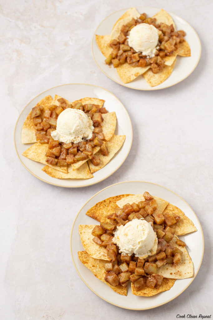 apple pie dessert nachos on plates ready to share