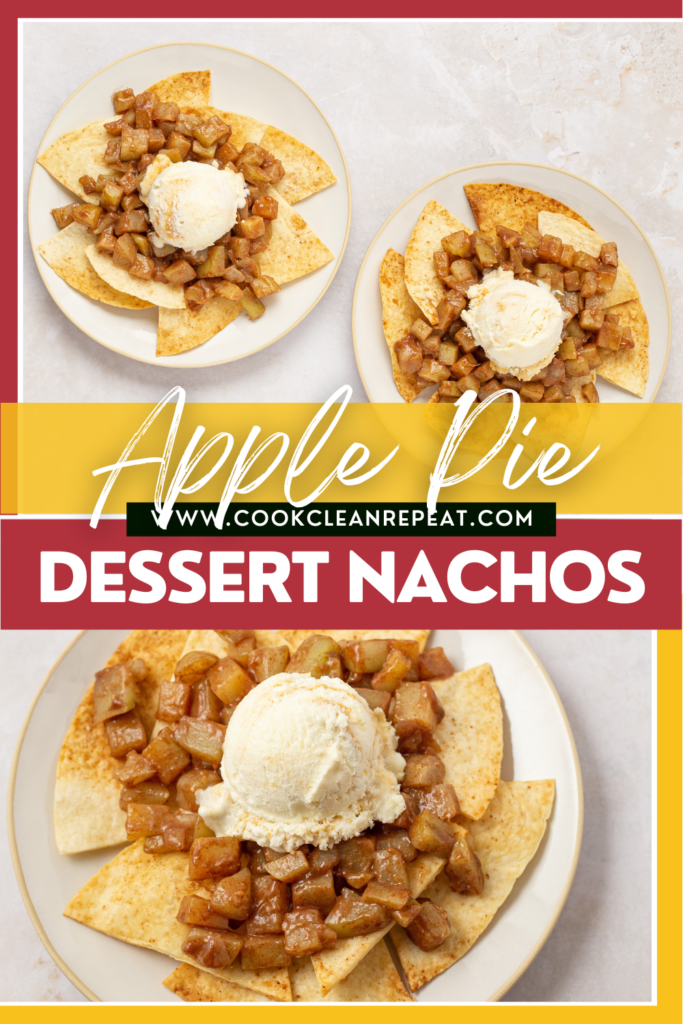 apple pie dessert nachos pin showing finished recipe with title across the middle.