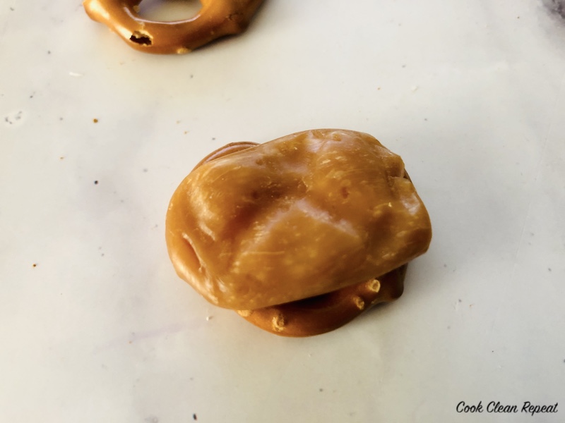 caramels flattened onto pretzels. 