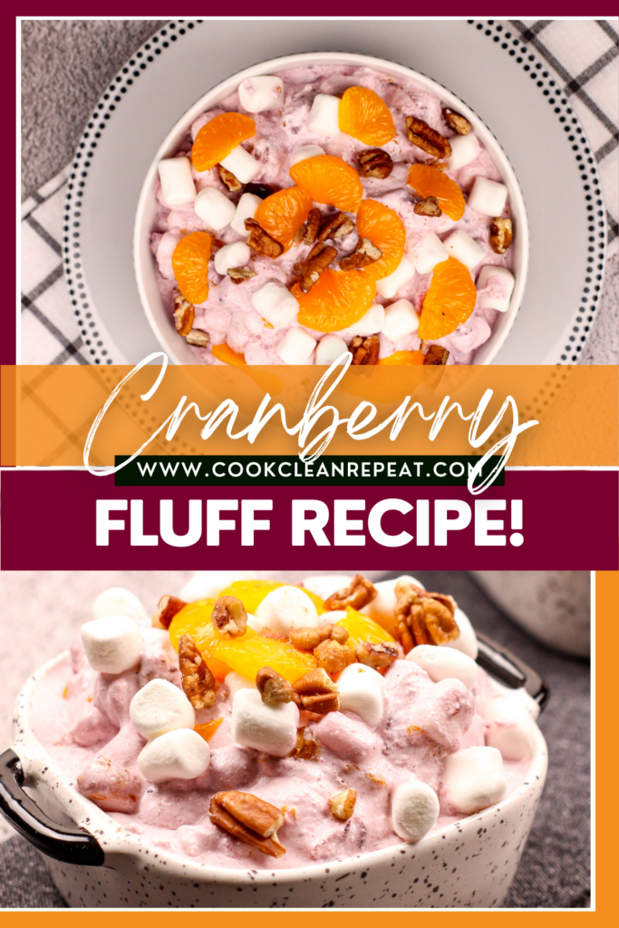 pin showing the finished cranberry fluff recipe ready to eat