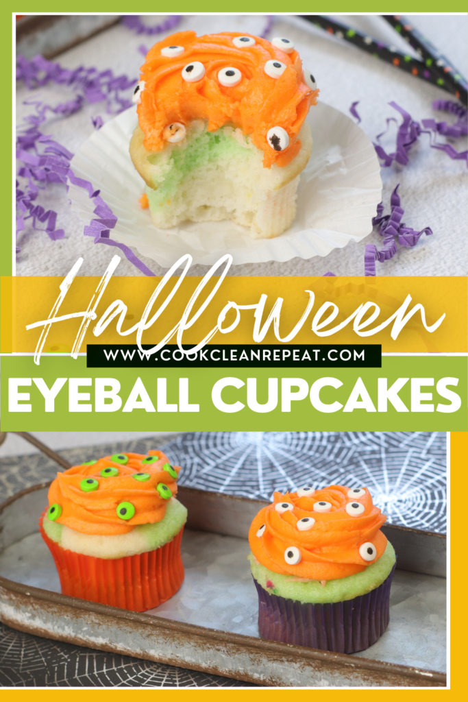 pin showing the finished eyeball cupcakes with title across the middle. 