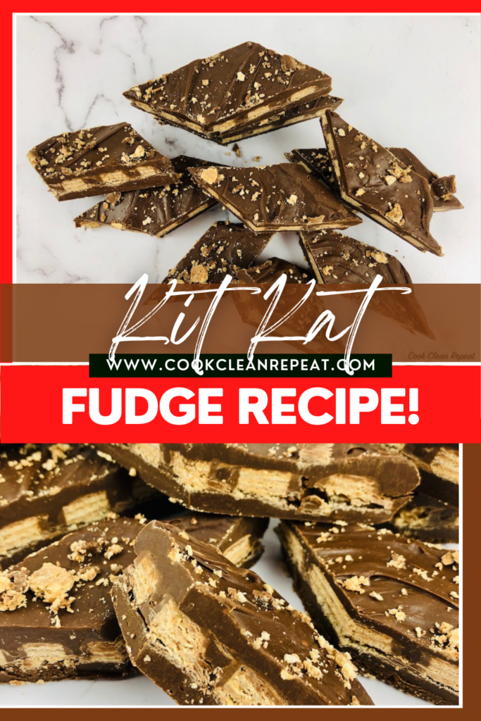 pin showing the finished KitKat fudge ready to eat