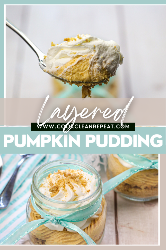 Pin showing the finished pumpkin pudding ready to eat with title across the middle