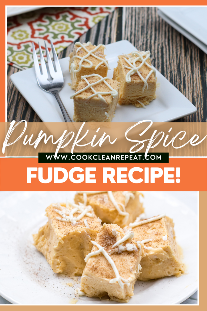pin showing finished pumpkin spice fudge ready to eat.