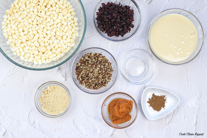 top down view of the ingredients for thanksgiving fudge
