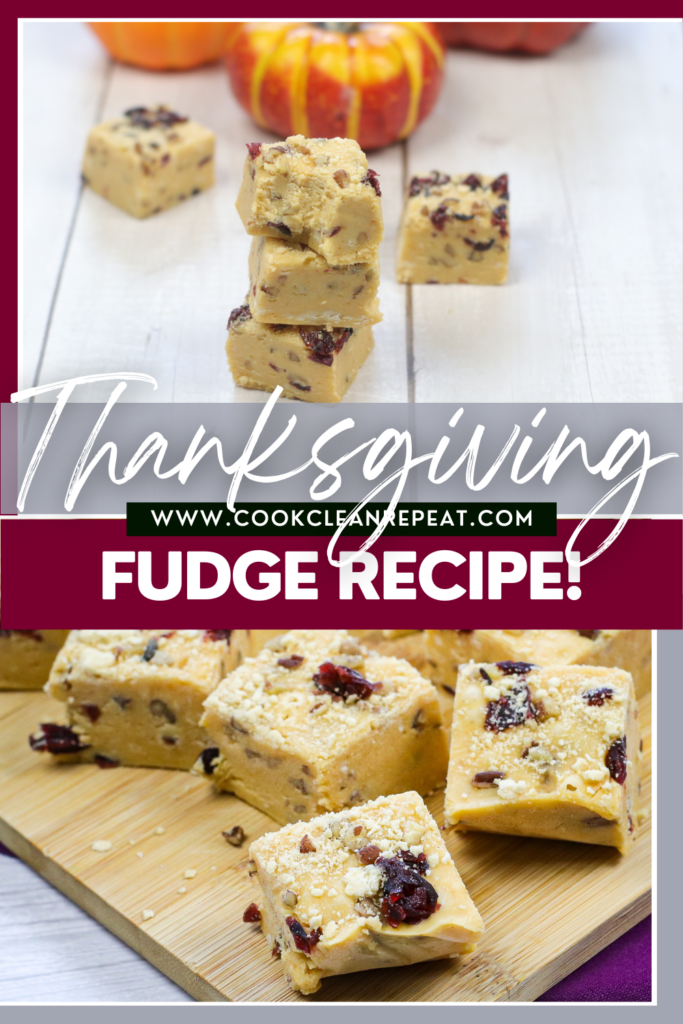 pin showing the finished Thanksgiving fudge recipe ready to eat
