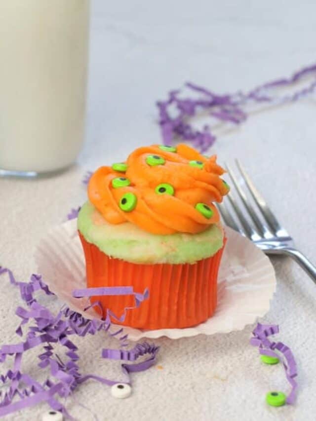 finished eyeball cupcake with fork ready to eat