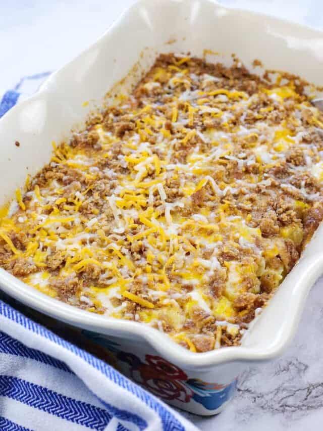 Full pan of the baked thanksgiving squash casserole ready to eat.