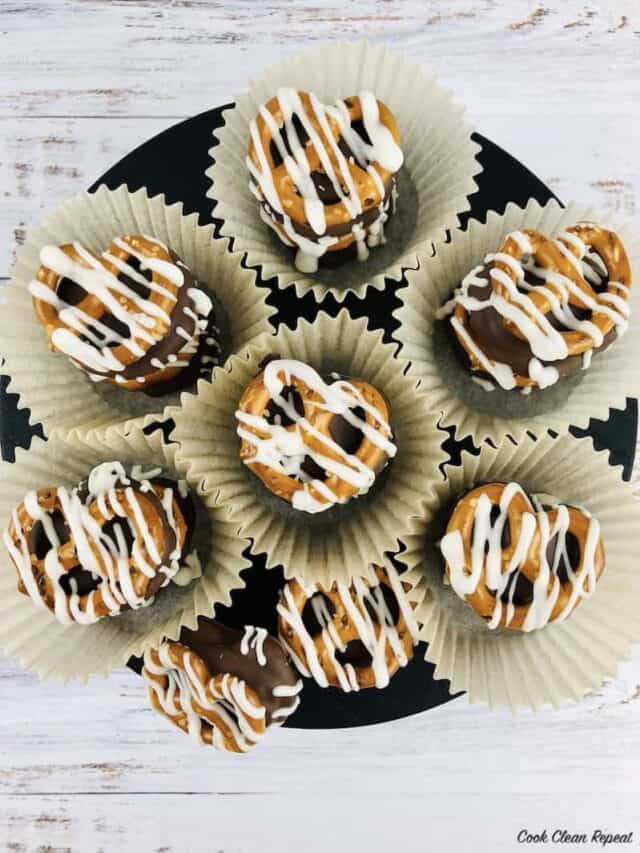 top down view of the finished almond bark dipped pretzels ready to share.