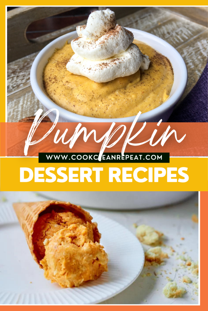 Pin showing the pumpkin dessert recipes with title across the middle. 