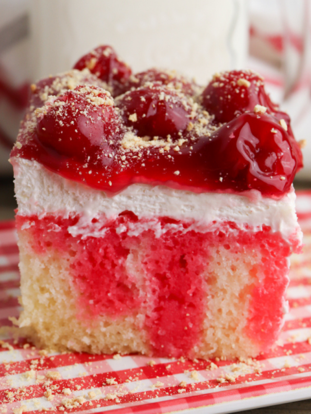 featured image showing the finished cherry cheesecake poke cake ready to eat.