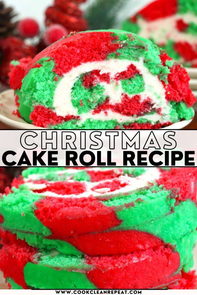 pin image showing the finished Christmas cake roll recipe ready to eat with title across the middle.