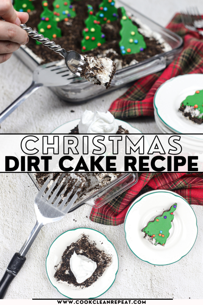 Pin image showing the finished Christmas dirt cake ready to eat