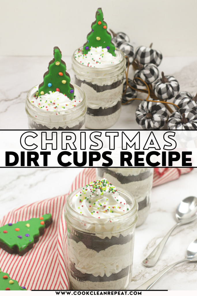 Pin showing the finished Christmas dirt cups ready to share