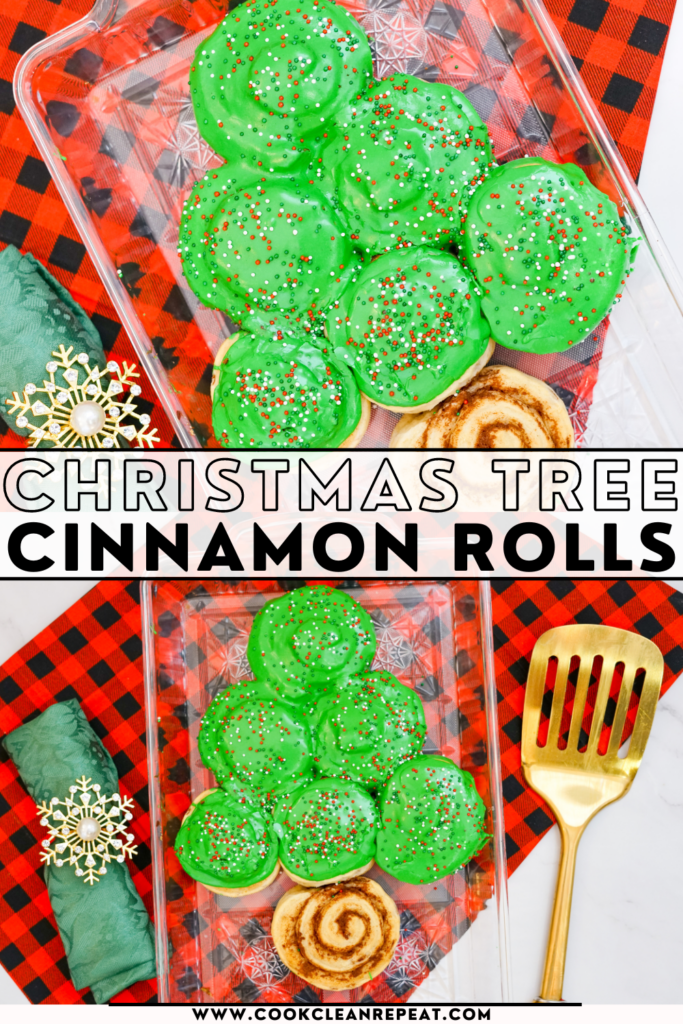 pin showing the finished Christmas tree cinnamon rolls ready to eat