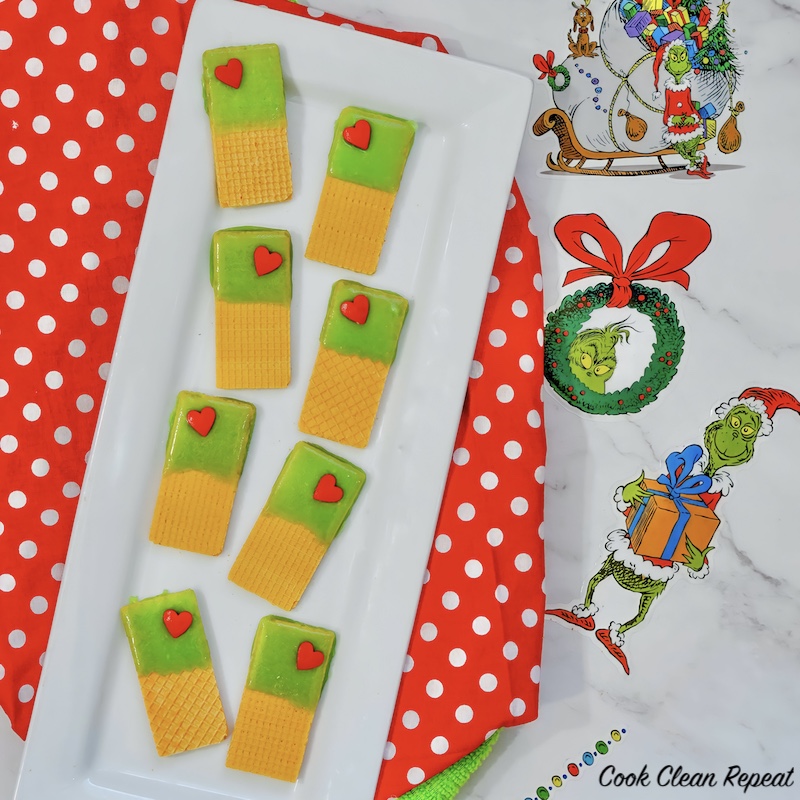 square look at the finished grinch cookies. 