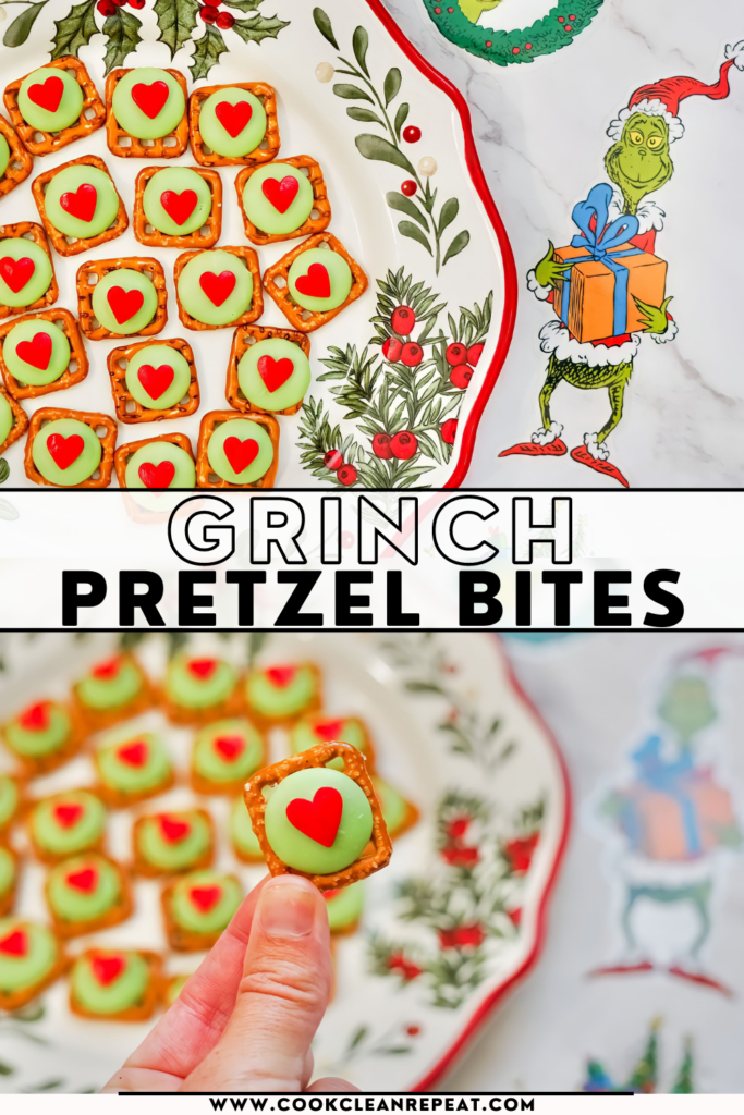 Pin showing the finished grinch pretzel bites ready to eat. 