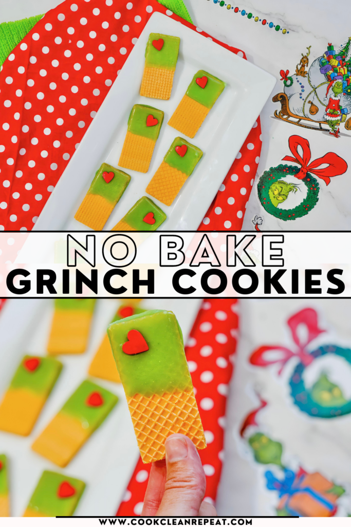 Pin showing the finished no bake grinch cookies ready to eat with title across the middle. 