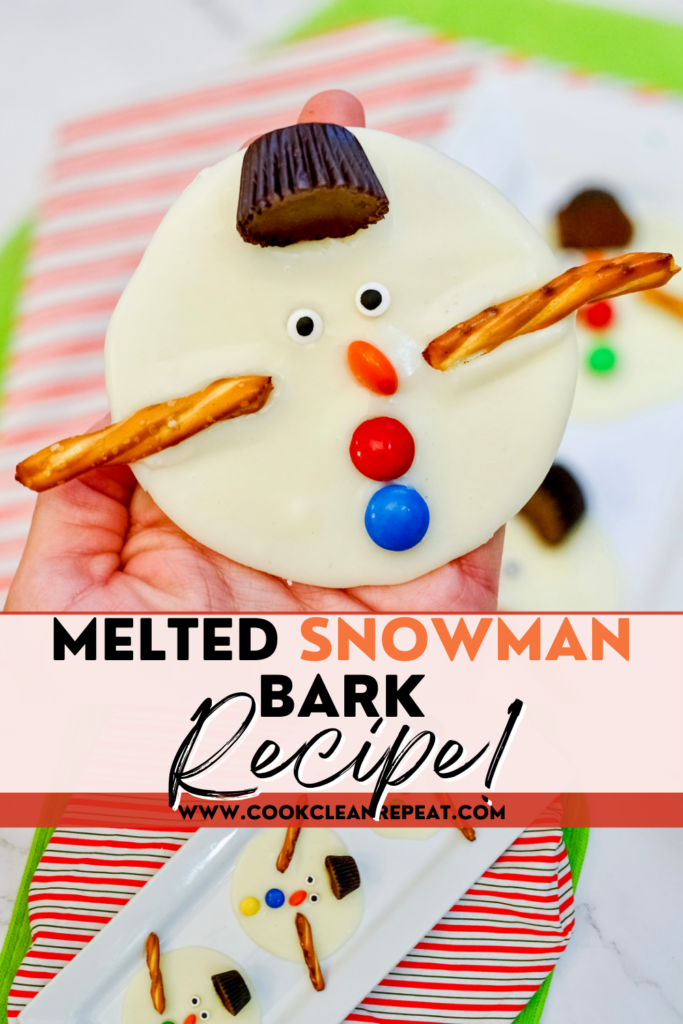 Pin showing the finished melted snowman bark ready to serve with the title across the middle.