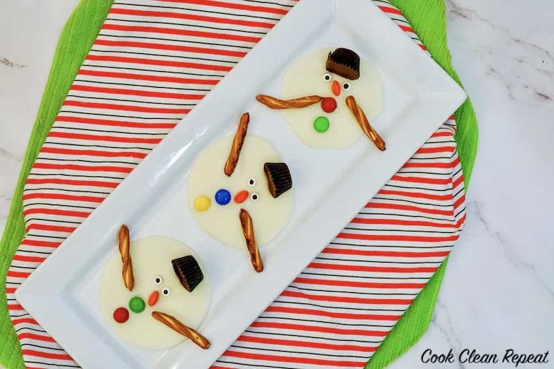 A look at the finished snowman bark treats ready to eat. 