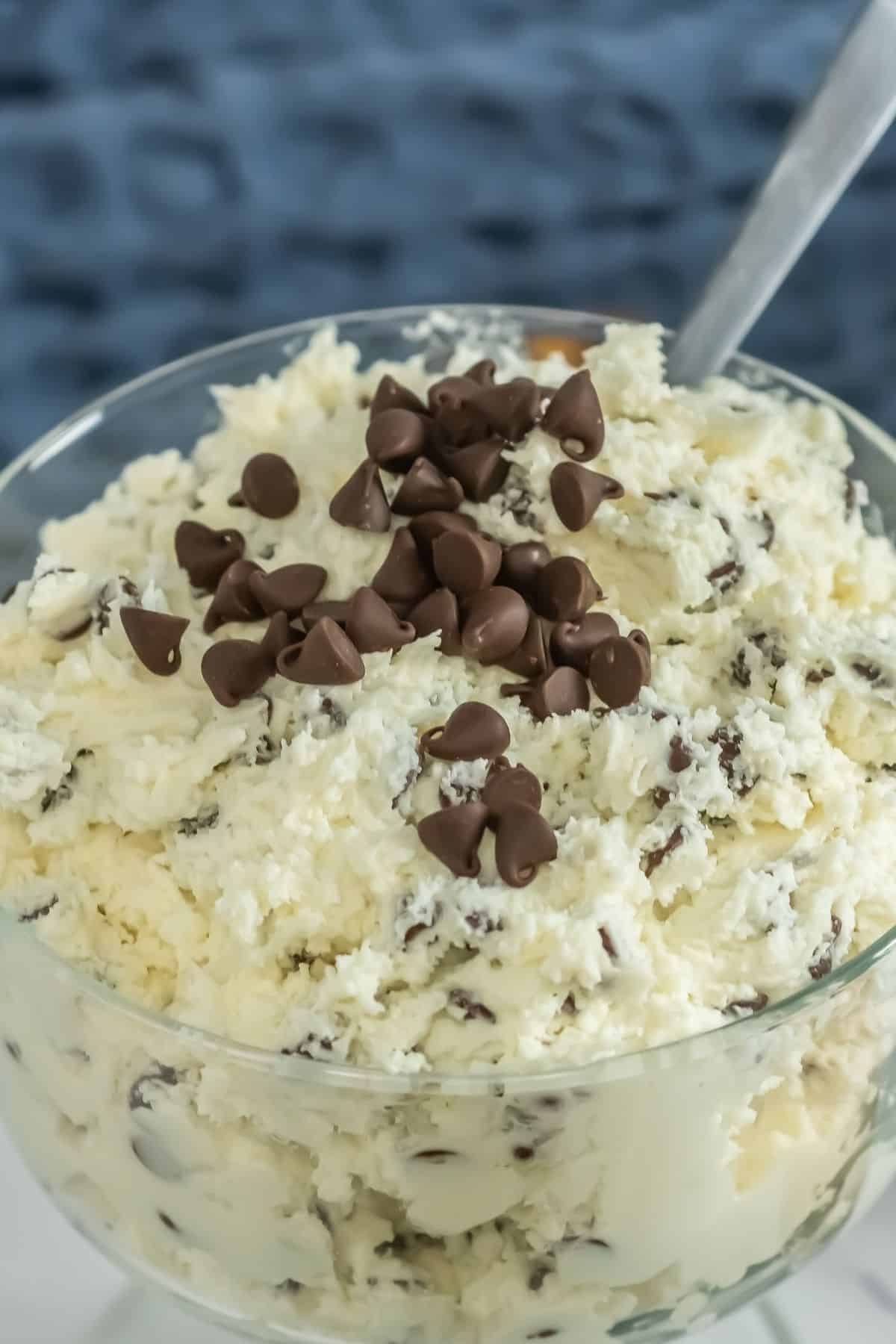 Dip up close with chocolate chips on top.