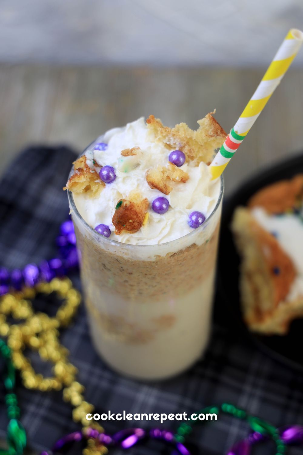 Starbucks Copycat King Cake Frappuccino from above with a cake piece off to the side