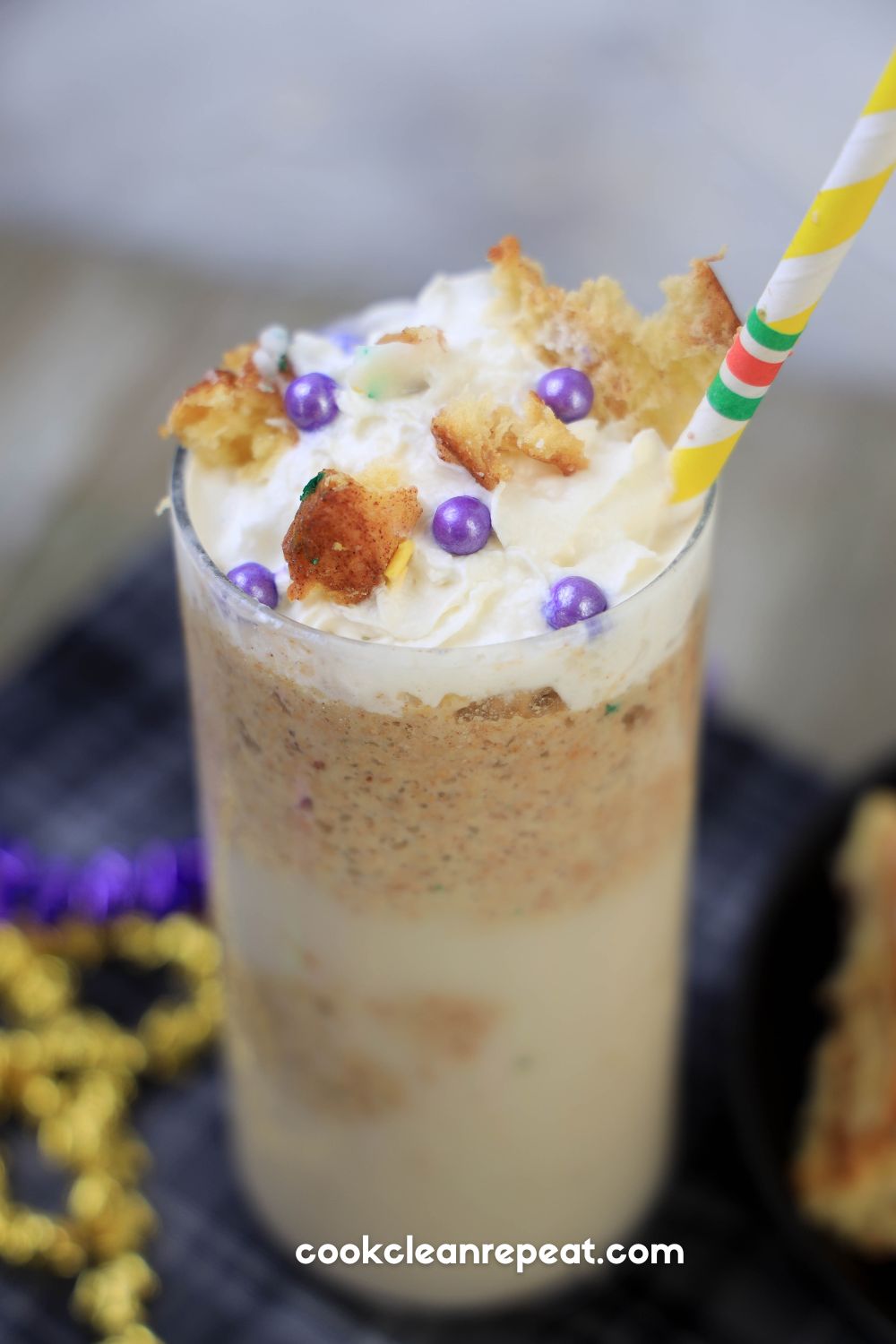 Starbucks Copycat King Cake Frappuccino with decorations on top