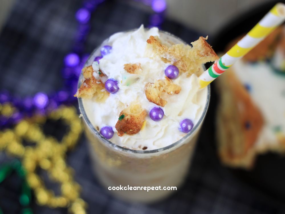 Starbucks Copycat King Cake Frappuccino from above with a cake piece off to the side