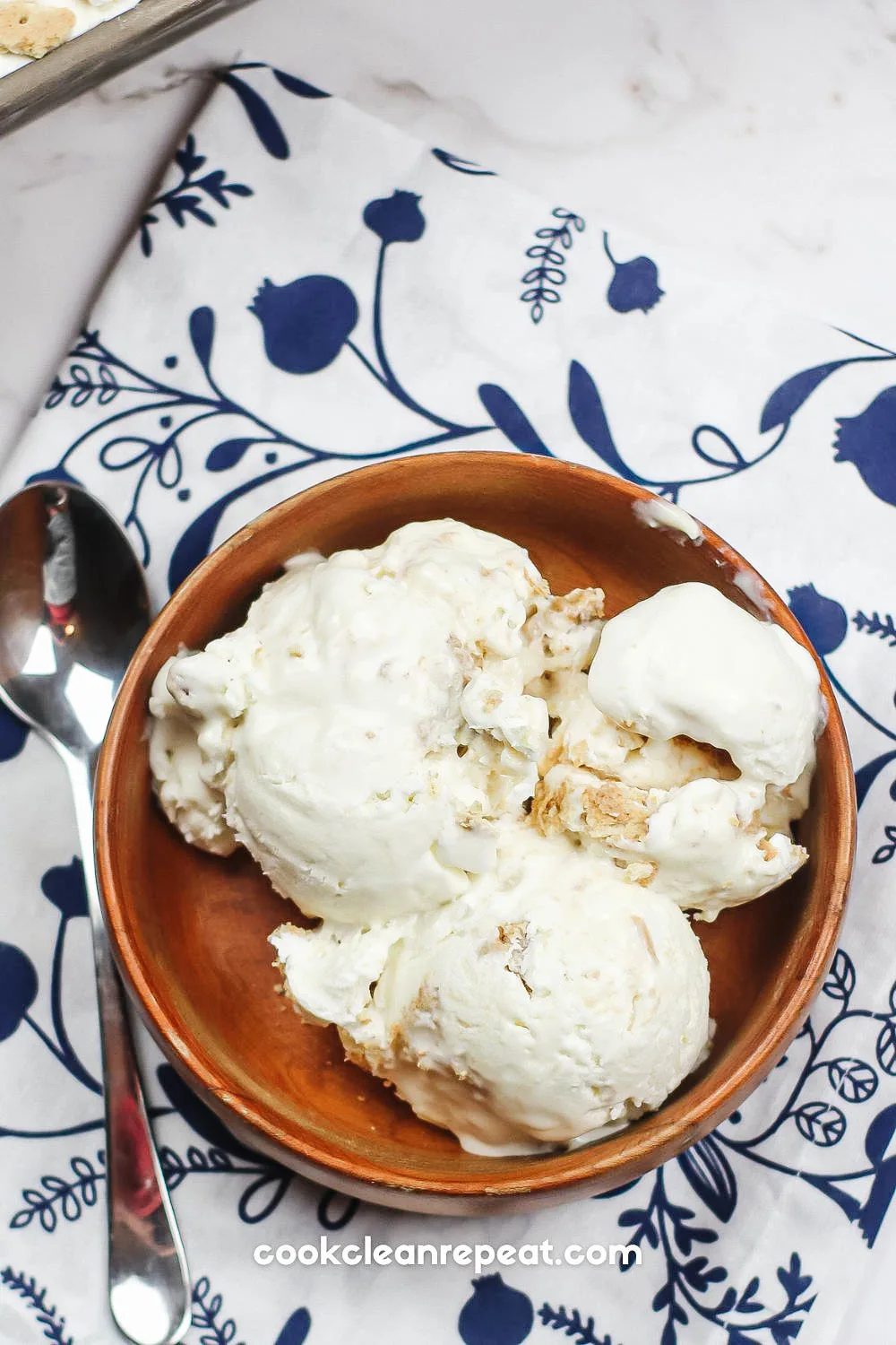 Key Lime Pie Ice Cream in a bowl on a patterned napkin