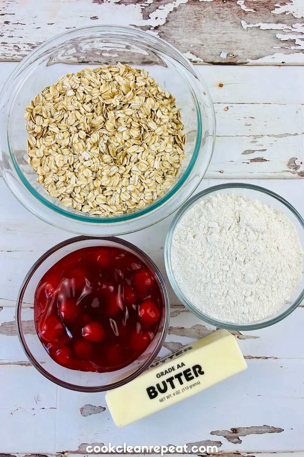 Ingredients laid out on a table for Cherry Bars with Cake Mix