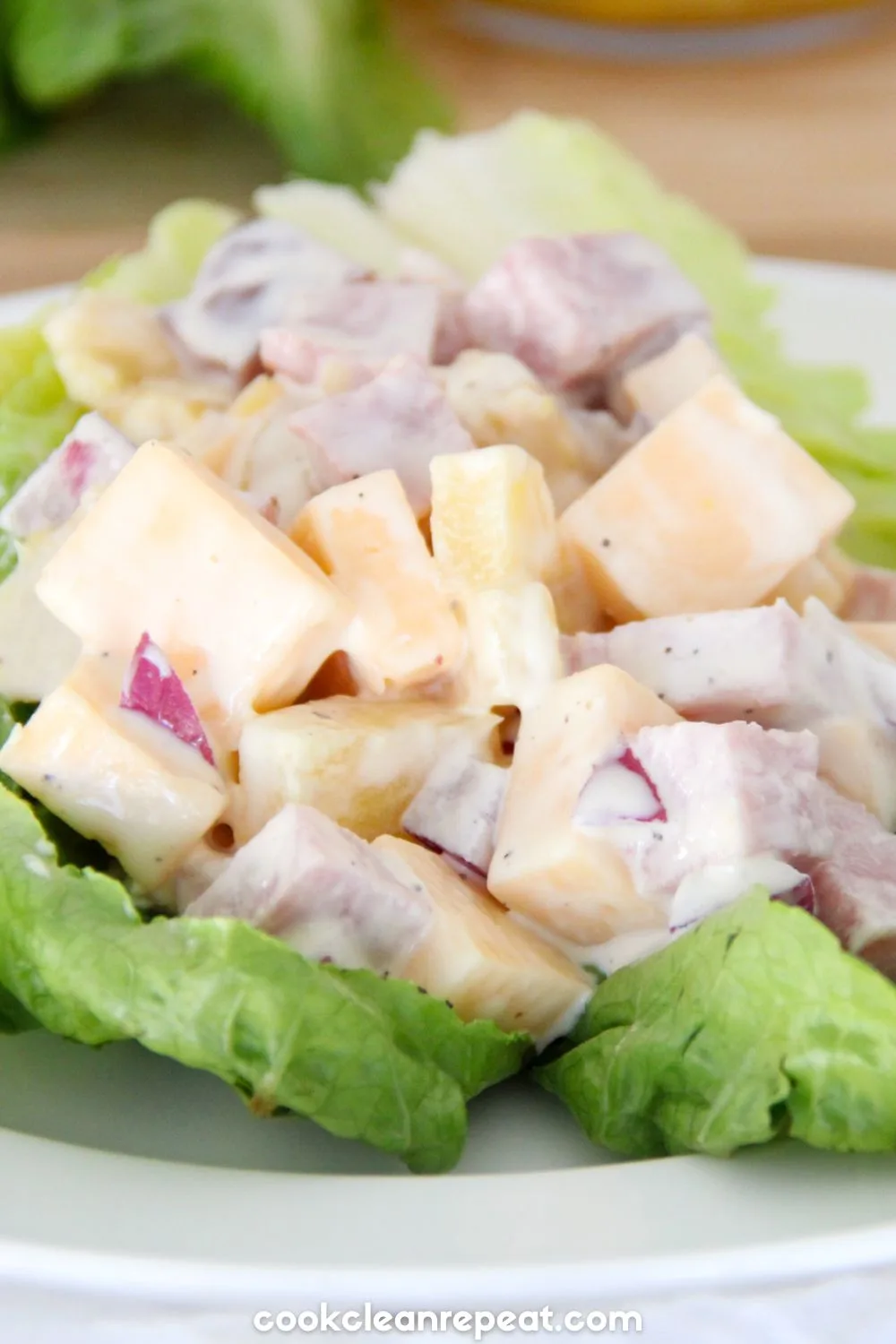a close up of a pineapple ham salad on a leaf of lettuce