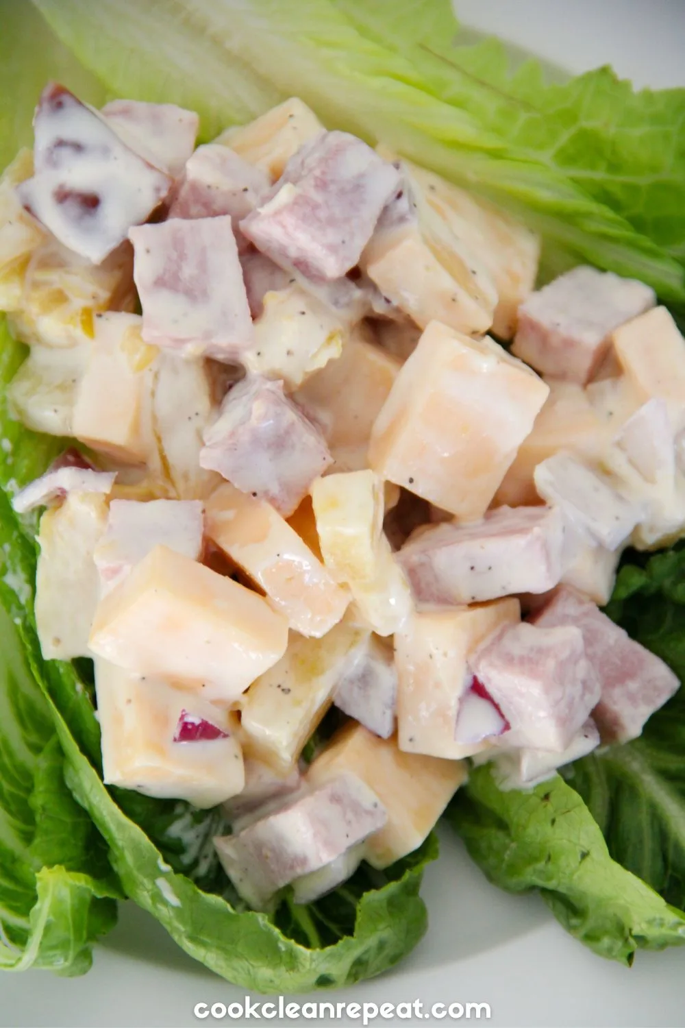 a close up of a pineapple ham salad on a leaf of lettuce