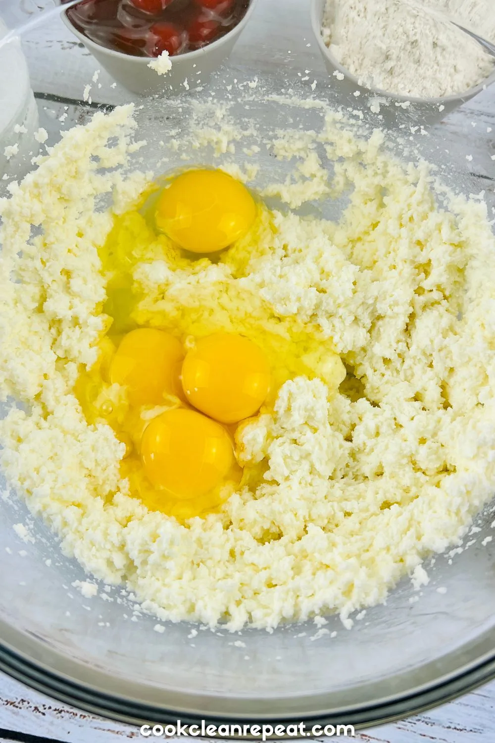 eggs being added to the bowl