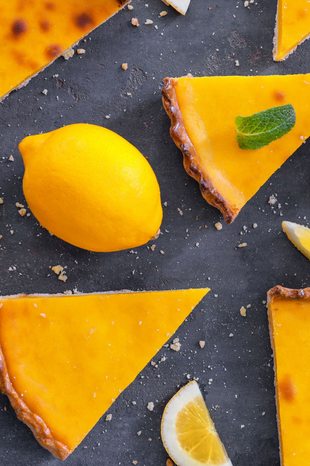 lemon pie slices from above with lemons around