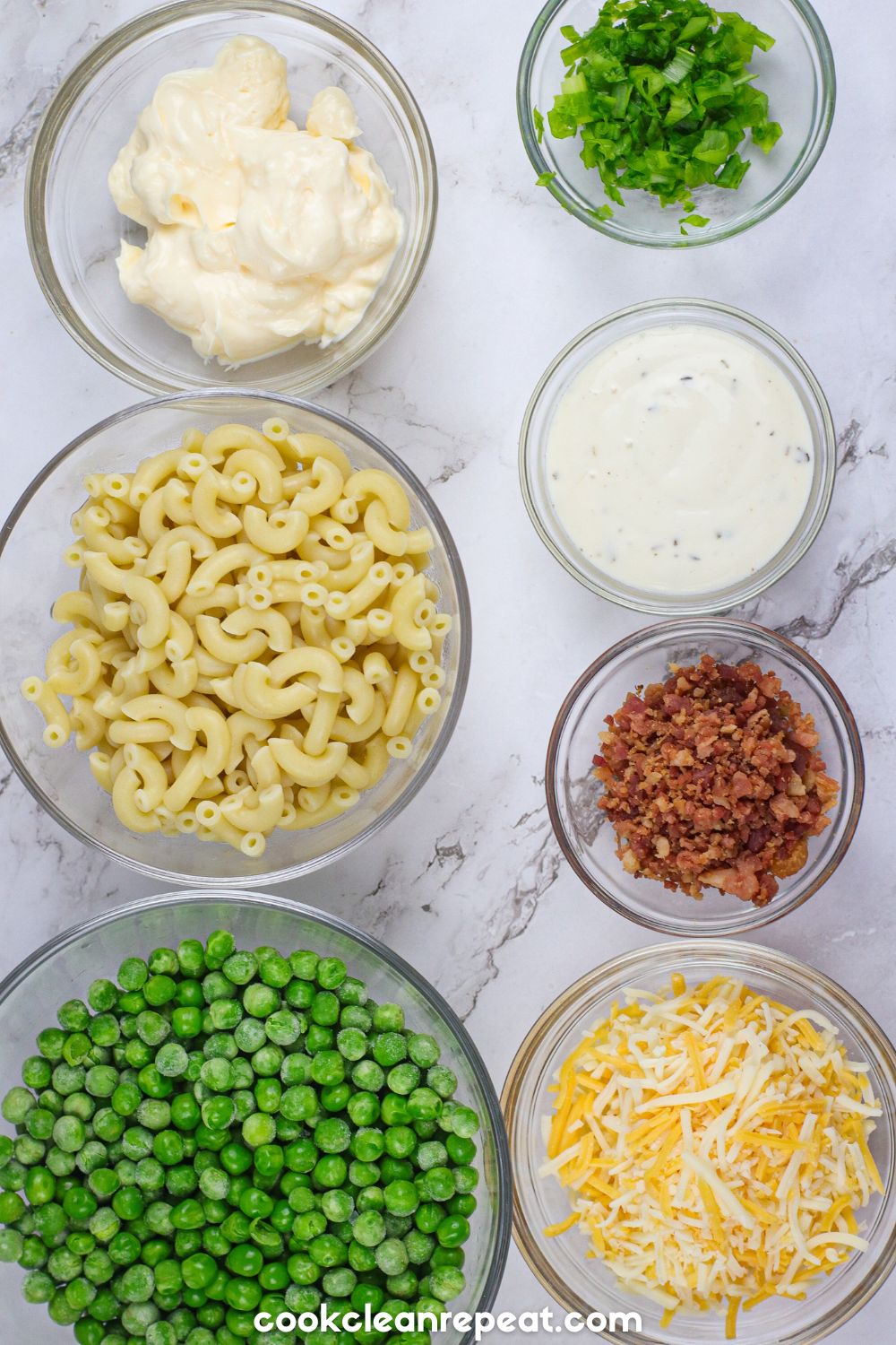 ingredients needed to make this pea and pasta salad