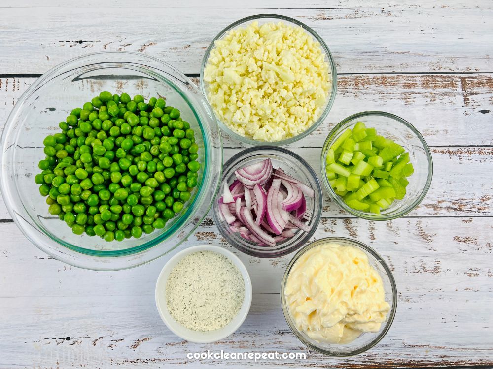 ingredients to make cauliflower pea salad with ranch dressing