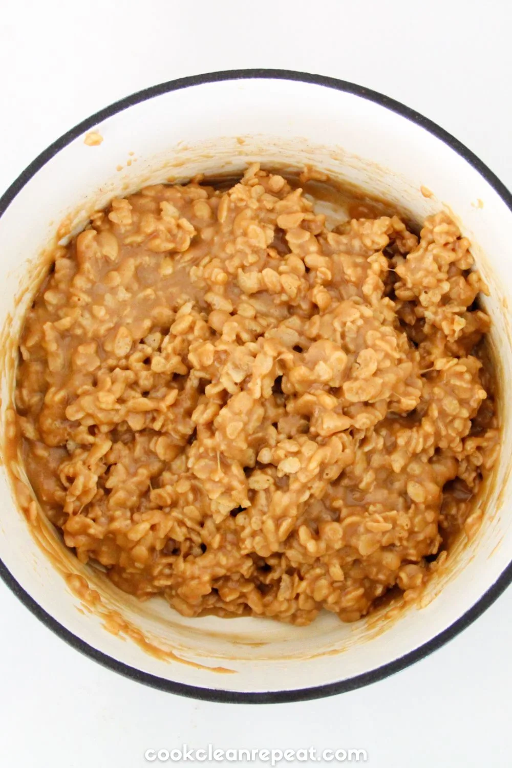 Rice Krispies mixed in with the other ingredients in the pot