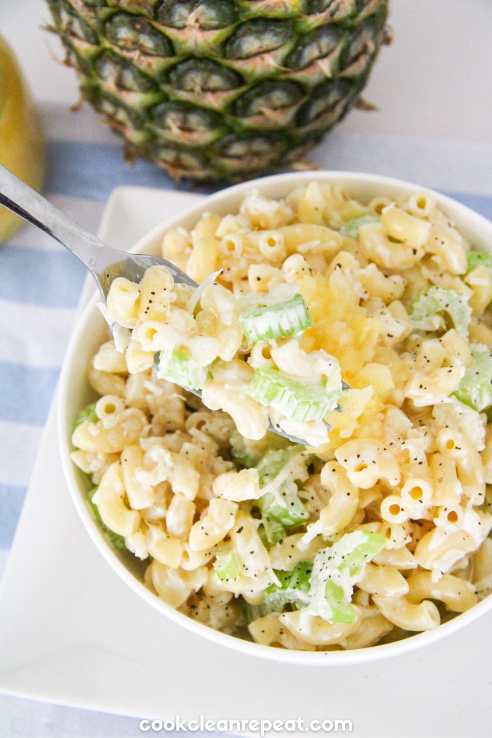 pasta salad lifted by a fork