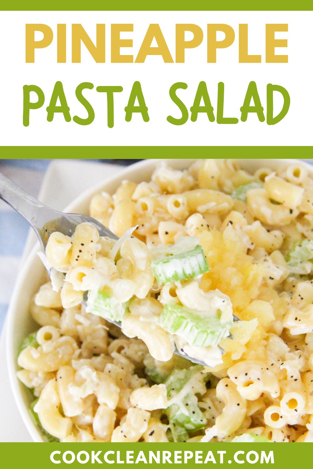 Pinterest image for this pineapple pasta salad recipe