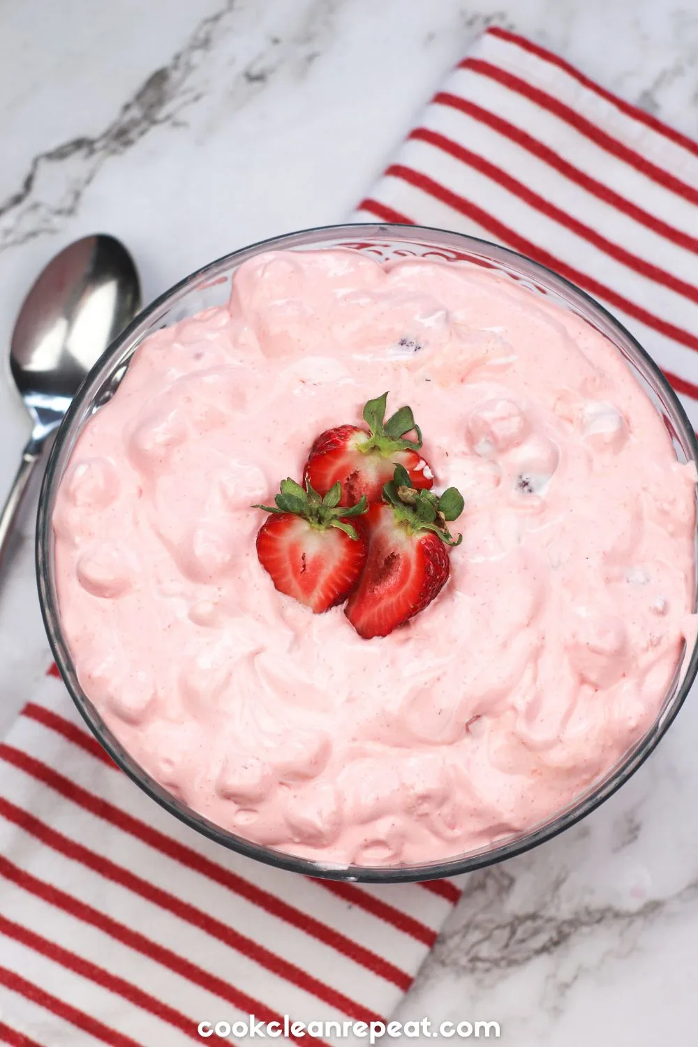 large bowl of strawberry fluff salad from above